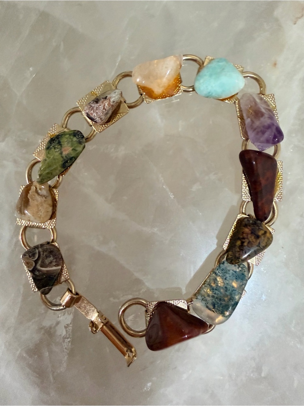 Multicolor Natural Stone Link Bracelet - Gold Tone 7" L